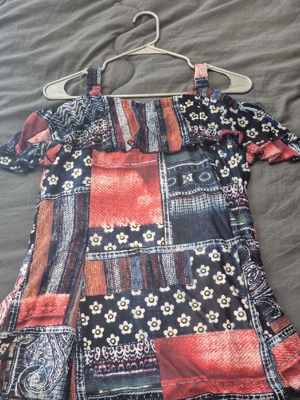 Patchwork Floral Off-Shoulder Shirt in Navy & Red